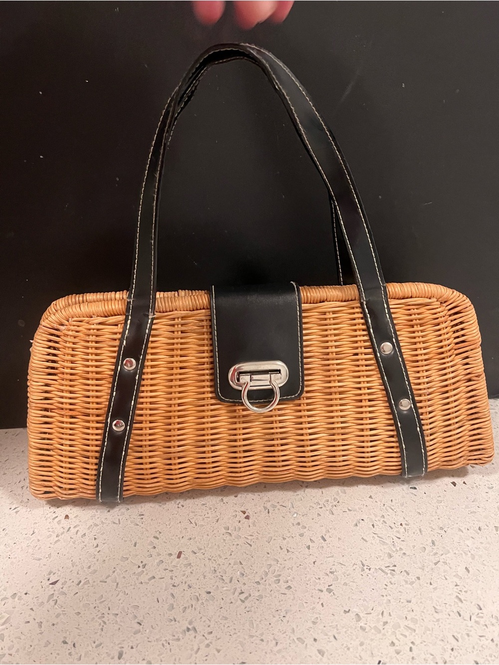 Vintage A. Giannetti Wicker Rattan Handbag Black Faux Leather Structured Purse